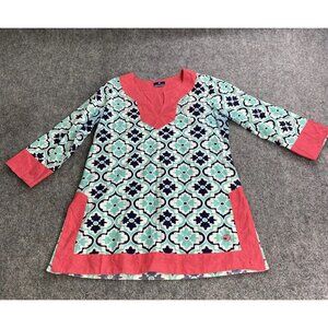 Simply Southern Tunic Medium Cover Up Aqua Pink Geometric 3/4 Sleeve Beach‎ Top